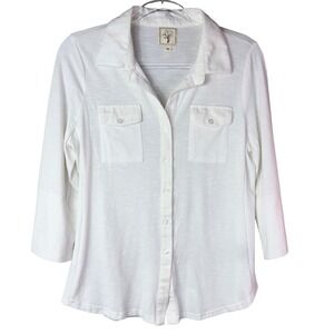Color Tree White Button Down Shirt 3/4 Sleeve Collared Top‎ Women's Medium